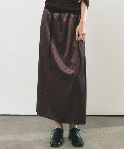 DOT SATIN LONG SKIRT_WINE