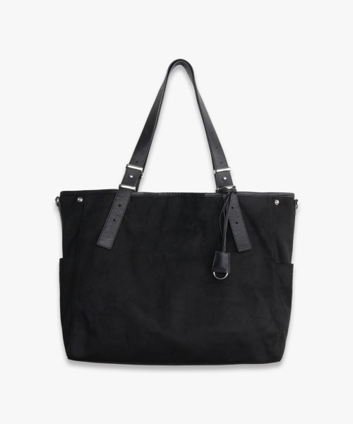 Suede Leather Bag Charm Tote Bag BLACK