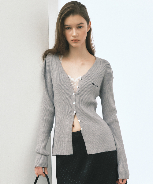RIBBED V NECK CARDIGAN_GRAY