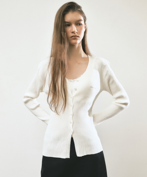 RIBBED V NECK CARDIGAN_IVORY