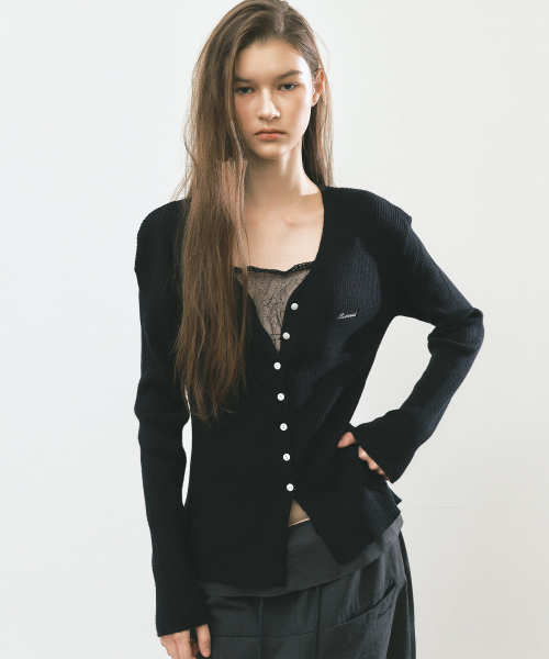 RIBBED V NECK CARDIGAN_BLACK