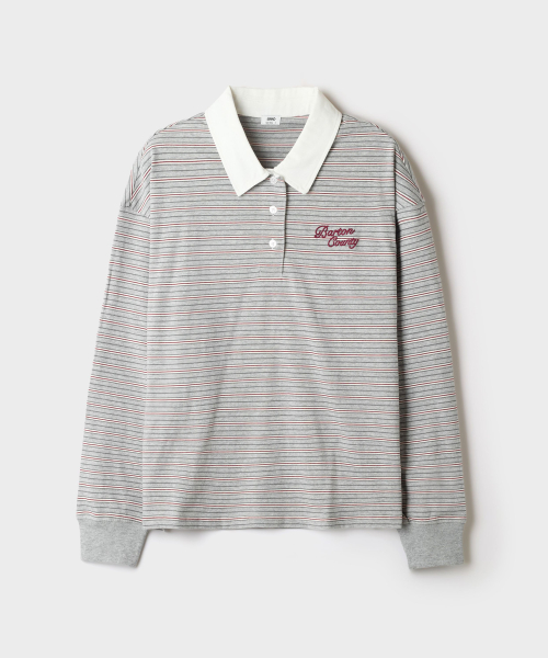 Striped Collar Neck Long Sleeve Tee_SPLWG49GY2