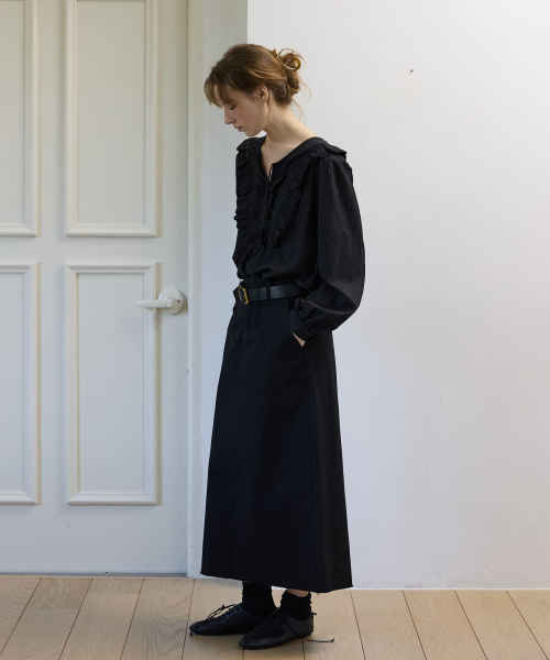 Belted H-Line Long Skirt Black