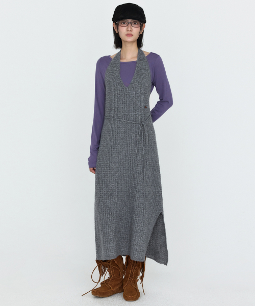 Halter-neck Layered Knit One Piece Gray MDOP060GRAY