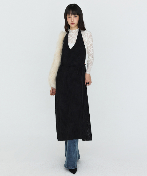 Halter-neck Layered Knit One-Piece Black MDOP060BLACK