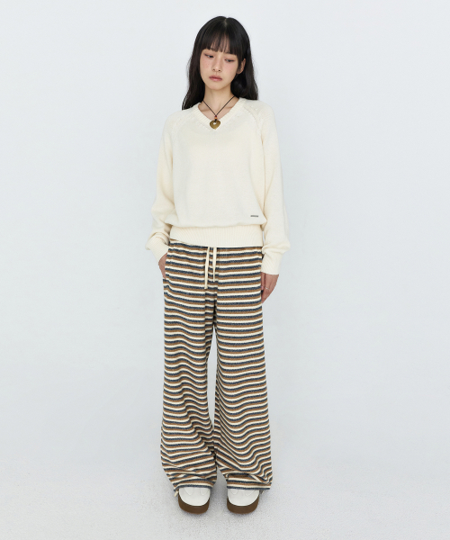 Striped Banding Knit Pants Beige MDPT091BEIGE