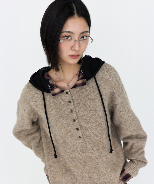 Henley Neck Oversized Knit Top Beige MDKT132BEIGE