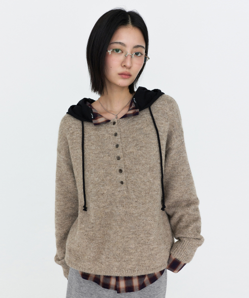 Henley Neck Oversized Knit Top Beige MDKT132BEIGE