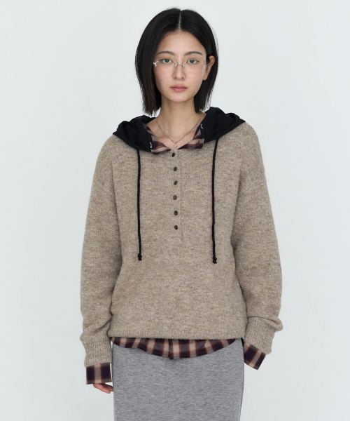 Henley Neck Oversized Knit Top Beige MDKT132BEIGE
