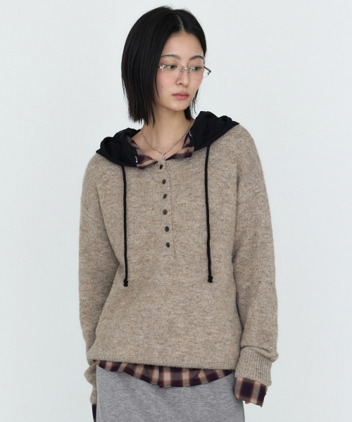 Henley Neck Oversized Knit Top Beige MDKT132BEIGE