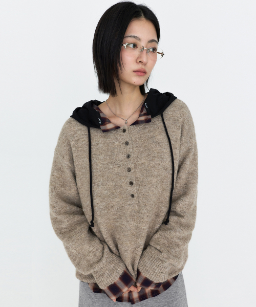 Henley Neck Oversized Knit Top Beige MDKT132BEIGE