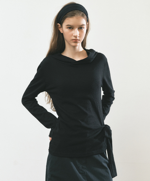 STRAP HOOD LONG SLEEVE TOP_BLACK