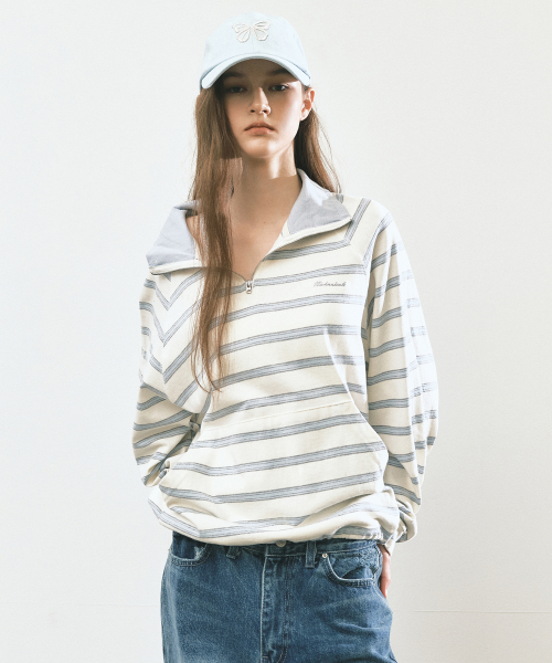 STRIPE HALF ZIP-UP SWEATSHIRT_IVORY
