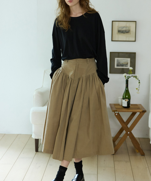 Godet Flare Long Skirt Khaki