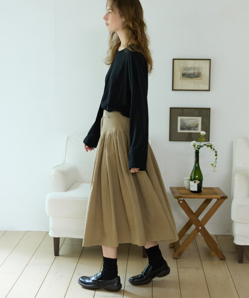 Godet Flare Long Skirt Khaki
