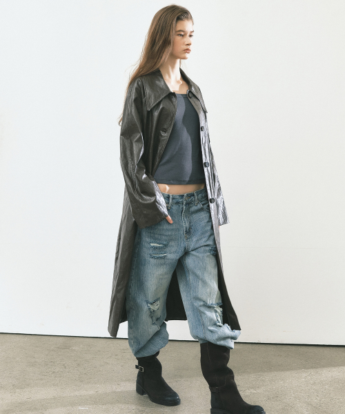 LEATHER BELTED LONG COAT_BROWN