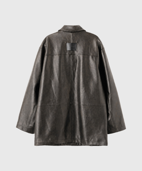 woman loose fit fake leather half jacket [dark brown]