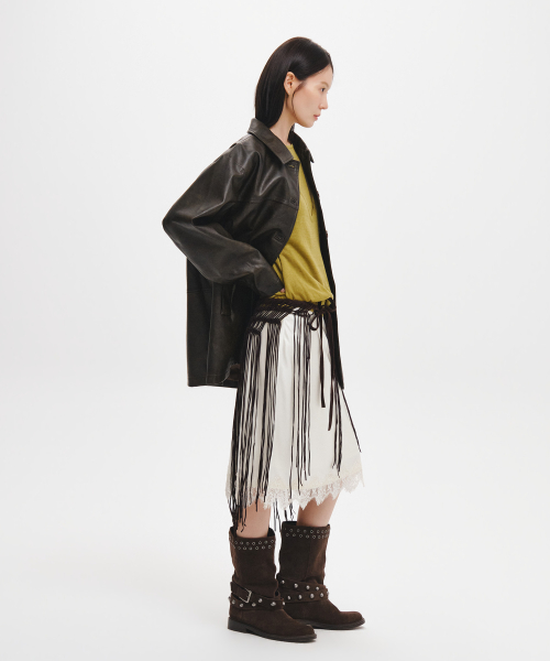 woman loose fit fake leather half jacket [dark brown]