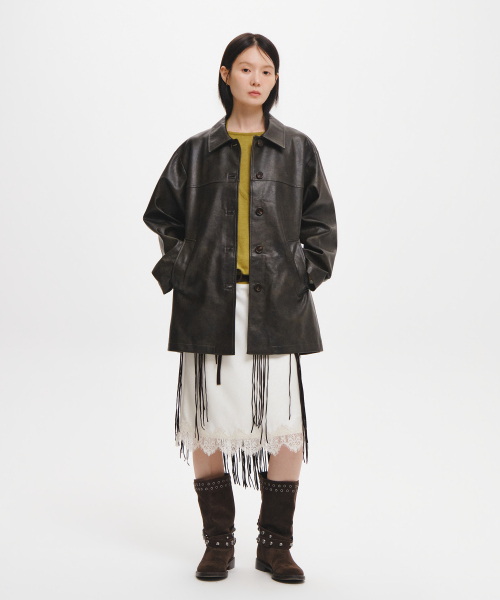 woman loose fit fake leather half jacket [dark brown]