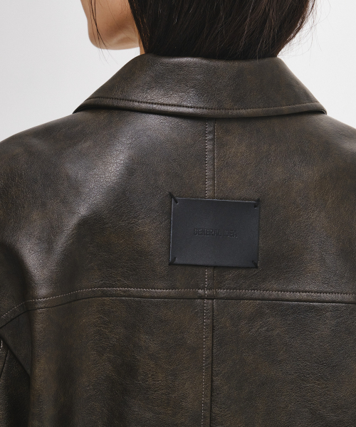 woman loose fit fake leather half jacket [dark brown]