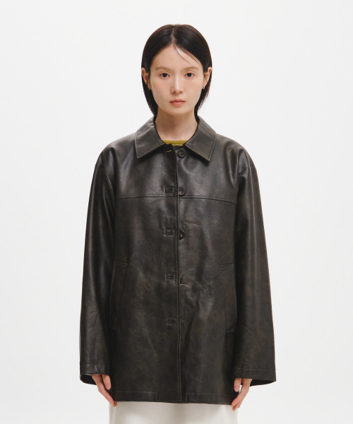 woman loose fit fake leather half jacket [dark brown]