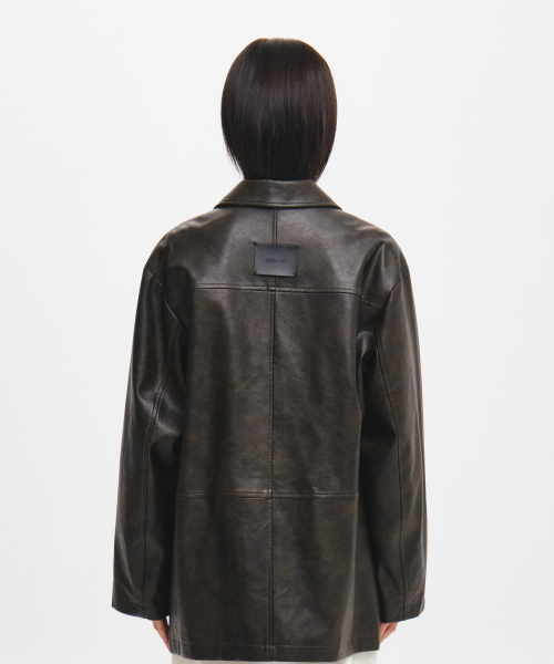 woman loose fit fake leather half jacket [dark brown]