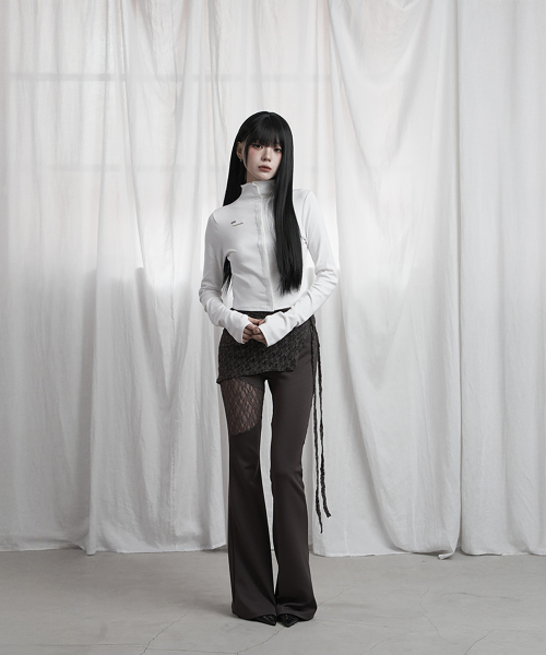 See Through Lace Lap Bootcut Pants (Charcoal)