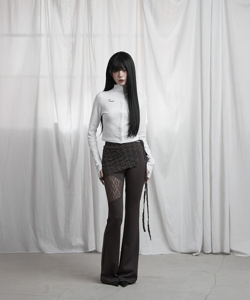 See Through Lace Lap Bootcut Pants (Charcoal)