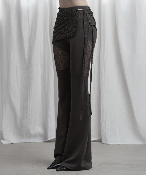 See Through Lace Lap Bootcut Pants (Charcoal)