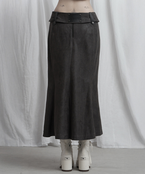 Suede Belt Low Rise Long Skirt (Charcoal)