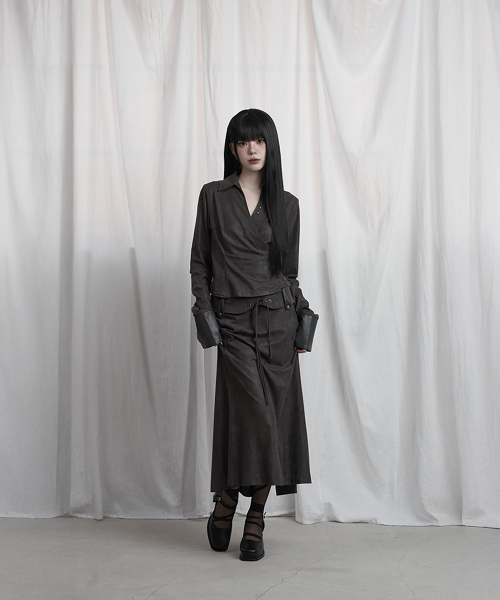 Suede Belt Low Rise Long Skirt (Charcoal)