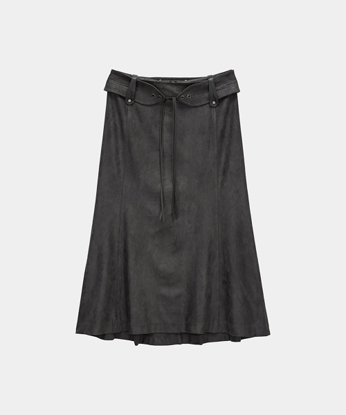 Suede Belt Low Rise Long Skirt (Charcoal)
