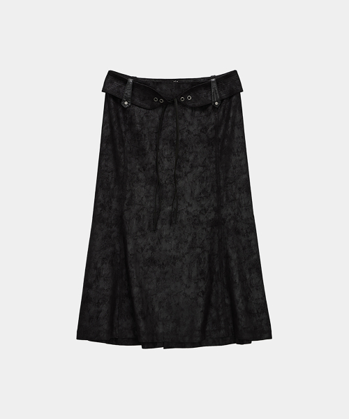 Suede Belt Low Rise Long Skirt (Black)
