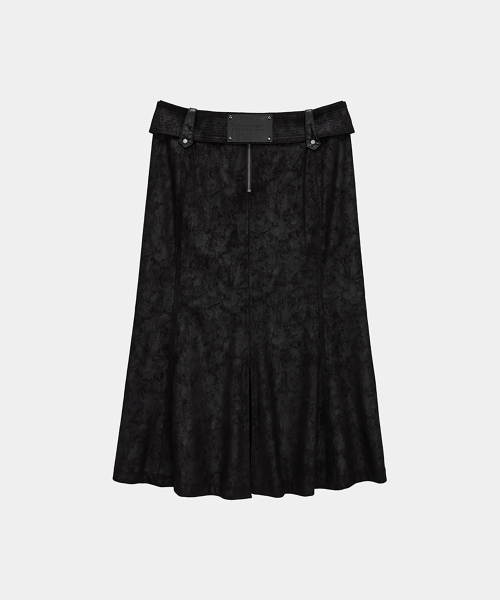 Suede Belt Low Rise Long Skirt (Black)