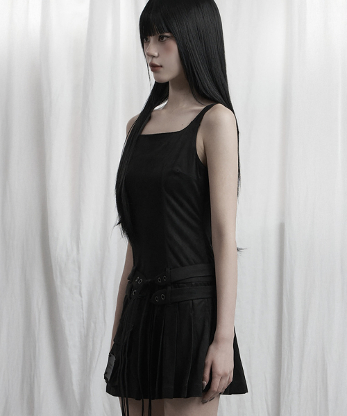 Cargo Belt Pocket Pleated Mini One-Piece (Black)