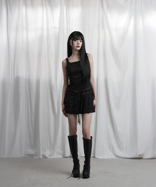 Cargo Belt Pocket Pleated Mini One-Piece (Black)