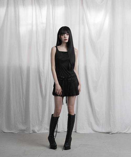 Cargo Belt Pocket Pleated Mini One-Piece (Black)