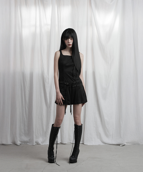 Cargo Belt Pocket Pleated Mini One-Piece (Black)