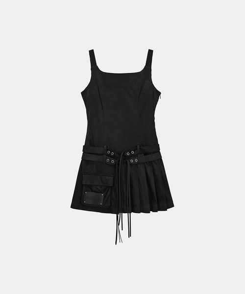 Cargo Belt Pocket Pleated Mini One-Piece (Black)