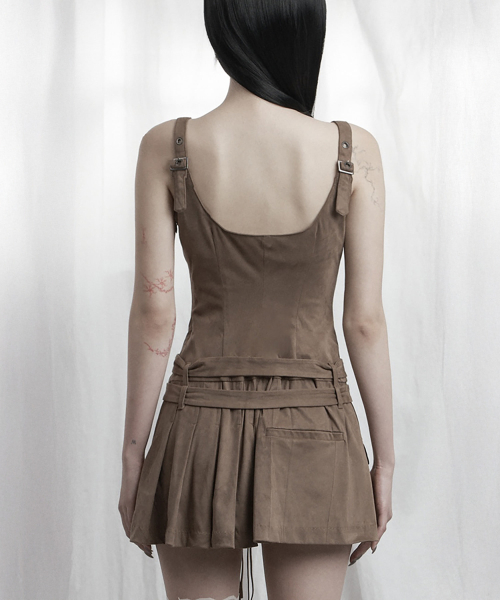 Cargo Belt Pocket Pleated Mini One-Piece (Brown)