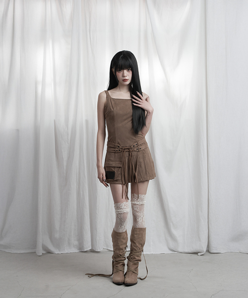 Cargo Belt Pocket Pleated Mini One-Piece (Brown)