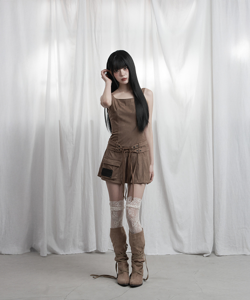 Cargo Belt Pocket Pleated Mini One-Piece (Brown)