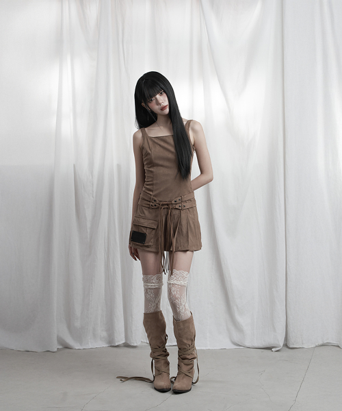 Cargo Belt Pocket Pleated Mini One-Piece (Brown)