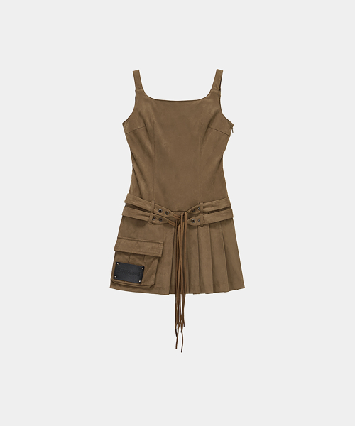Cargo Belt Pocket Pleated Mini One-Piece (Brown)
