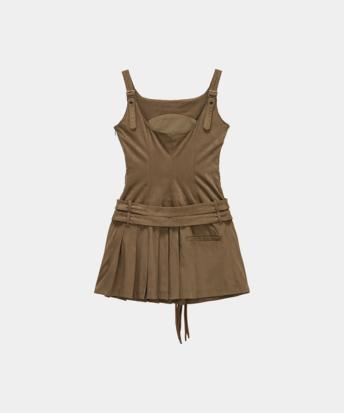 Cargo Belt Pocket Pleated Mini One-Piece (Brown)