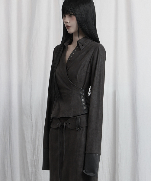 Drape Suede Shirring Blouse (Charcoal)