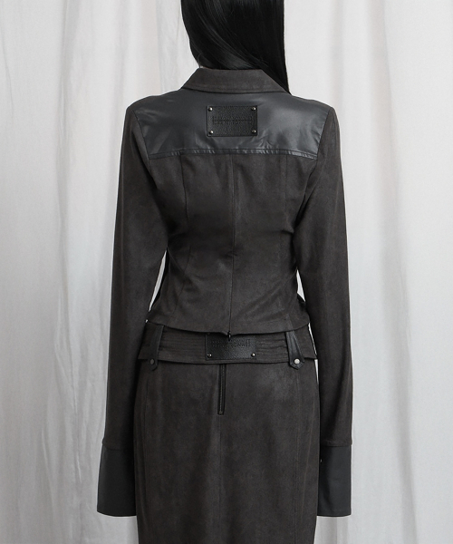 Drape Suede Shirring Blouse (Charcoal)