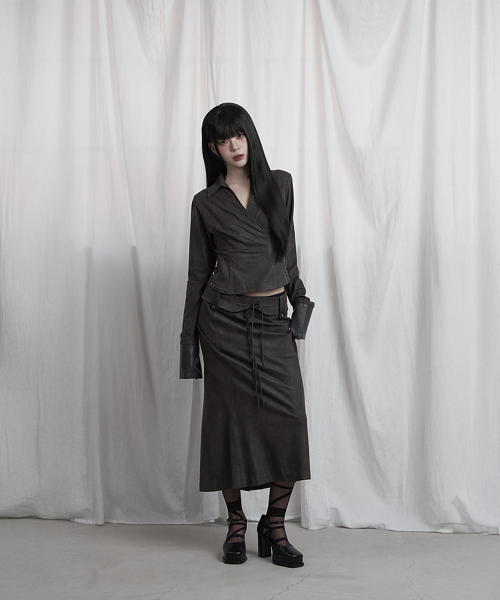 Drape Suede Shirring Blouse (Charcoal)