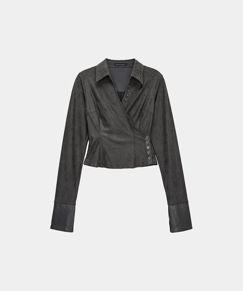 Drape Suede Shirring Blouse (Charcoal)