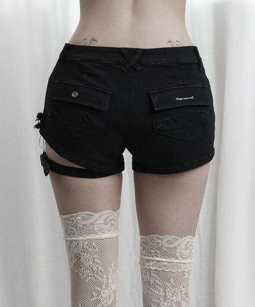Double Belt Low Rise Denim Shorts (Black)
